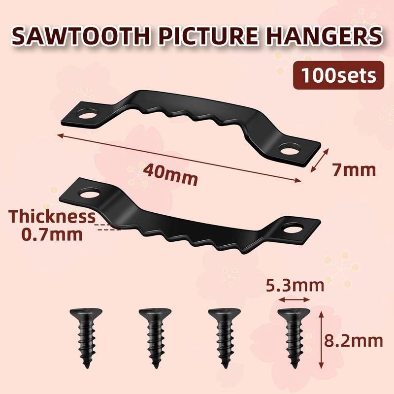 ManTangSun 100 Sets Picture Frame Hangers with Screws, Sawtooth Picture Hanger for Photos Canvas Clock Wood Frame Hardware Metal Hook Hanging Artwork Home Decoration (Black) - Image 2